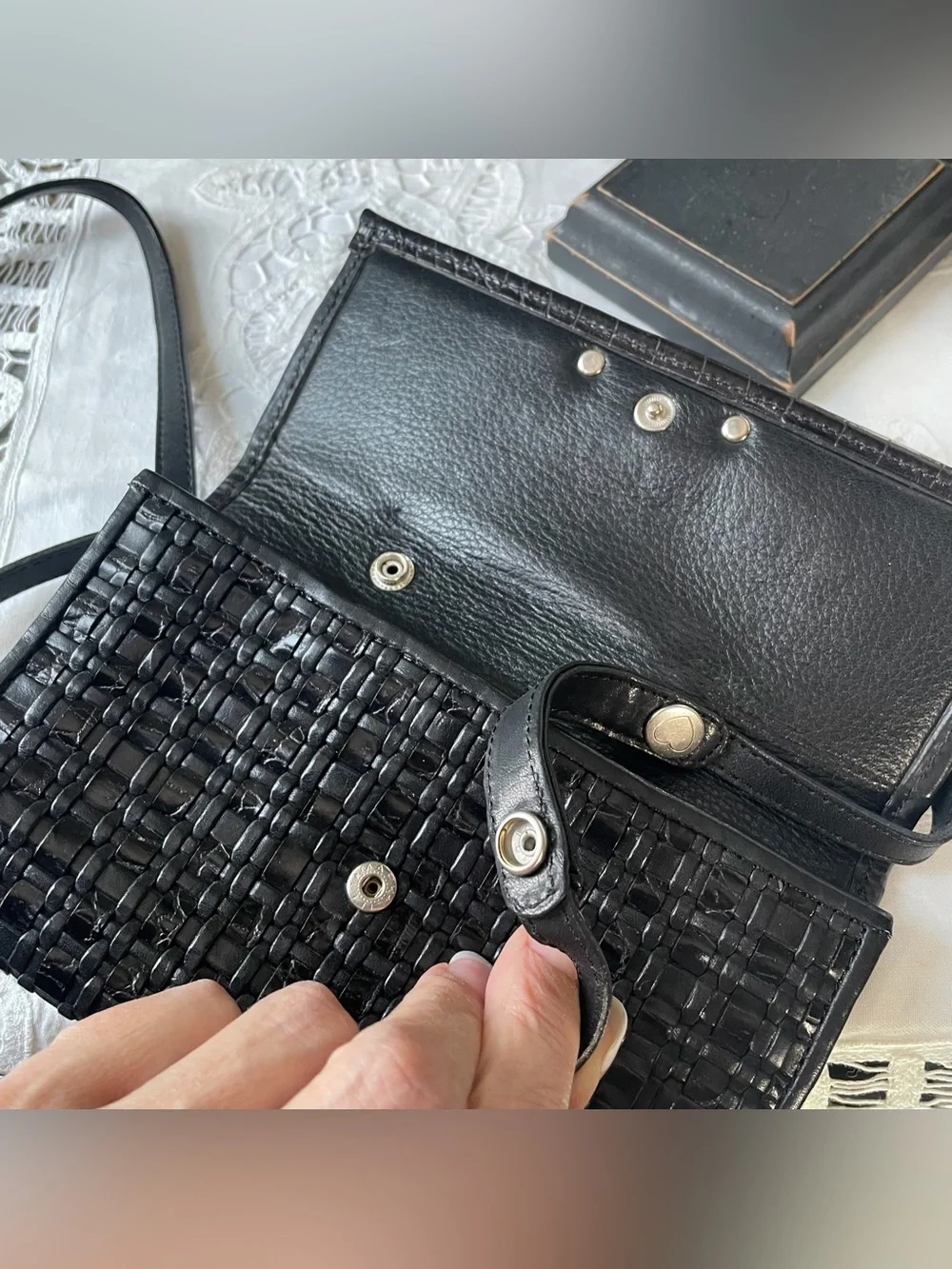 Brighton black leather woven crossbody wallet